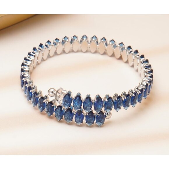 Blue Cubic Zirconia Tennis Bracelets Open Adjustable Elastic Bangle for Women - Picture 5 of 7